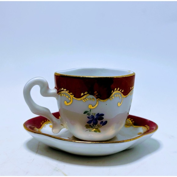 Vintage Past Times Miniature Teacup and Saucer Demitasse Porcelain Flowers Red - Picture 1 of 5